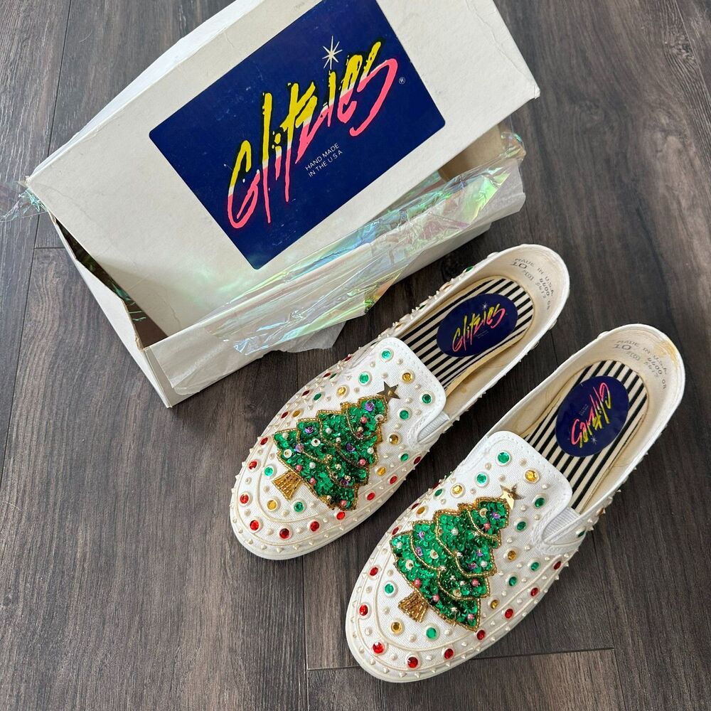 Vintage 80s Glitzies Christmas Tree Flats Slip On White Shoes Embellished Sz 10